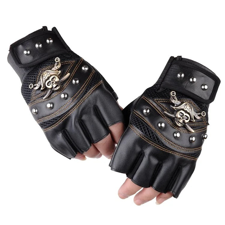 Unisex Skulls Rivet Synthetic Leather and mesh Half Finger Glove